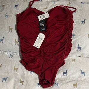 Express Red Ruched Bodysuit
